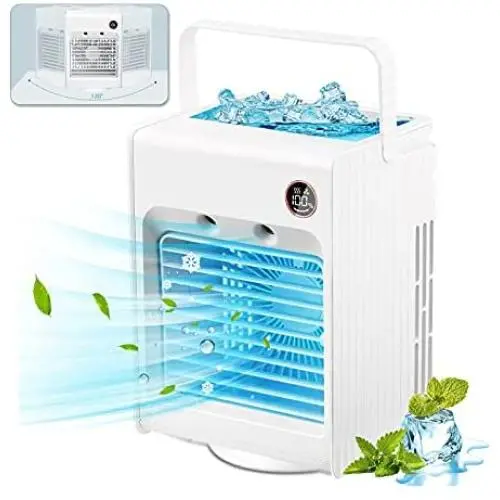 Tragbarer Luftkühler, Tragbarer Luftklimaanlagen-Schreibtischlüfter, Persönlicher Mini-Evaporative-Luftkühler mit LED-Display, Nachtlichtern & Wasserbehälter, Super-Leise Selbstdrehung Küchendeftiger für Schlafzimmer Büro Outdoor
