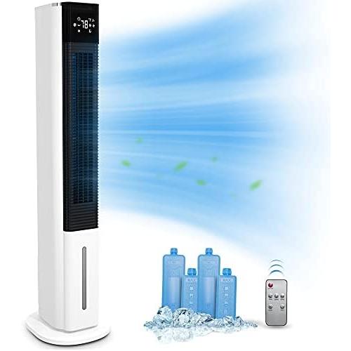 Sunday Living Evaporative Air Cooler - 42 Inch Tower Fan w/Cooling & Humidification, 50° Oscillation Swamp Fan 1.3 Gallon Water Tank, 3 Speed & 3 Mode Setting, 12 Hour Timer, Remote Control