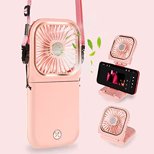 Portable Personal Fan Small Neck Fan for Women Mini Desk Fan USB Rechargeable Handheld Fan Used as a Power Bank and Phone Stand for Travel Indoor Outdoor (Pink)