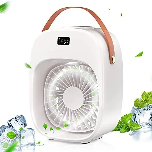 Bunte Portabler Luftkühler, Verdunstungskühler Ventilator, 3 Windstärken & 2 Nebelebenen, Luftbefeuchter, Nachtlicht, wiederaufladbarer Akku, persönlicher Luftkühler für Zuhause/Büro/Draußen, Weiß