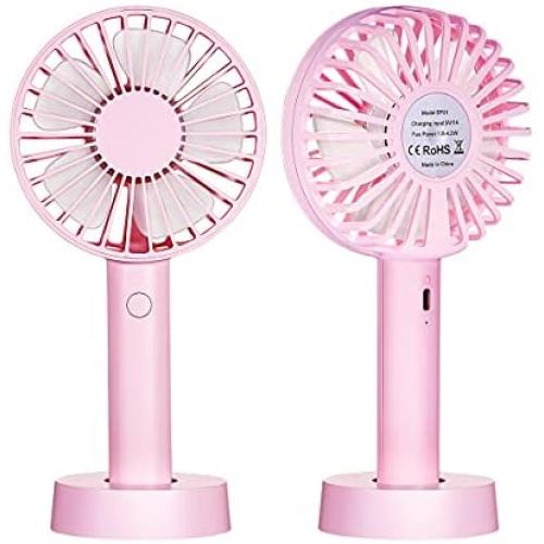 2021 Upgraded Small Desk Mini Fan with Battery Rechargeable, Portable Handheld Personal USB Fan with 3 Speed Strong Wind for Outdoor Activity, Home, Office, Eyelash Fan for Make up (Pink)