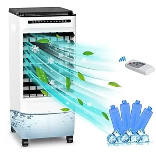 Tragbarer Verdunstungskühler, 65W Klimaanlage mit 3 Modi, 3 Lüfterstufen, LED-Display, Fernbedienung, 7h Timer, 5L Wasserbehälter und Eiswürfel-Funktion