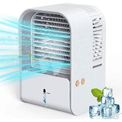 AQUEENLY Portable Cooling Fan with Cold Air, Rechargeable Evaporative Air Cooler with 3 Speed & 2 Mist Mode, Quiet Humidifying Desk Fan Personal Air Conditioner Fan for Bedroom Office Home, USB Cable