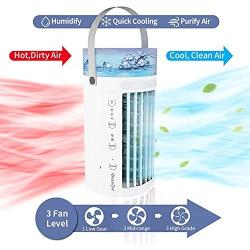 Portable Air Quiet Fan, Personal Mini Evaporative Cooler Fan with 8 Colors LED Light, 2 Fans and 3 Speeds, Small Desktop Cooling Humidifier Fan for Bedroom, Outdoor...