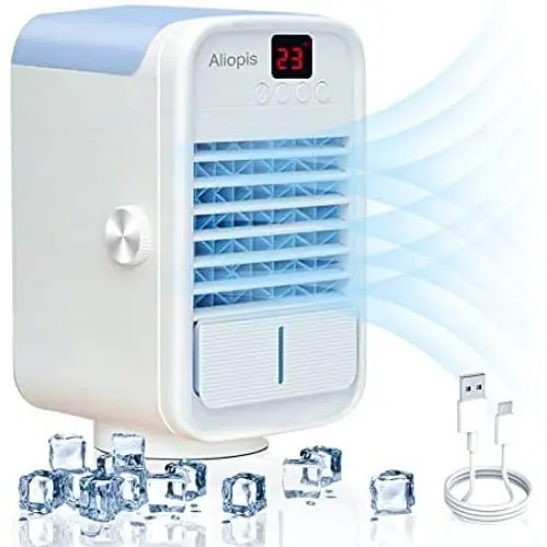 Ventilateur Portable avec Humidificateur, Aliopis Ventilateur de Bureau Personnalisé, Mini Ventilateur Évaporatif USB, Oscillation Automatique 120°, 3 Vitesse, Affichage de la Température, Silencieux pour Maison Bureau