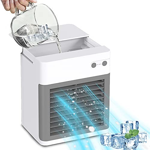 Mini Tragbarer Luftkühler, Geräuschloser Evaporativer Mini-Ventilator, USB-Akku-Ventilator mit 3 Geschwindigkeiten, 7 Farben, Kabelloser Persönlicher Kühlgerät mit Nebelsprüher für Auto, Büro und Raum