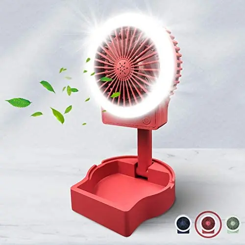 Kleiner Schreibtisch-Ventilator mit Lichtfunktion, USB-Aufladung, 3 Geschwindigkeiten, 2 Helligkeitsstufen, faltbar, tragbar, Mini-Ventilator, leise Betriebsweise, lange Lebensdauer für Home Office Auto Outdoor Reise (Rot)