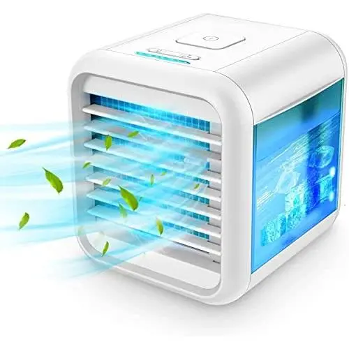 Tragbarer Luftkühler mit Eiskübel, Mini-Luftkühler mit 3 Geschwindigkeiten, Tischventilator für Raum & Büro, Luftbefeuchter, USB-Kabel, leise, 7-Farben-Nachtlicht