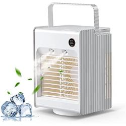 Portable Evaporative Air Conditioner Fan, Mini Desk Cooler Fan with 3 Speed for Bedroom, 4000mAh Cordless Rechargeable 120° Oscillating Fan with Sleep Night Light and Spray Mist Humidifier, White