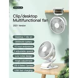 MISSUE Clip On Desk Fan, Baby Safe Stroller Fan, USB & Battery Operated Fan with 3 Speed for Child, Men, Women, 3000mAh Rechargeable Battery Included