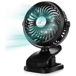 Portable Clip on Fan, Battery Operated Mini Desk Fan with Max 11H Working Time, Hanging Hook, LED Light, 3 Speeds, 360°Adjustable USB Fan for Stroller Office Home Tent Hurricane Emergency