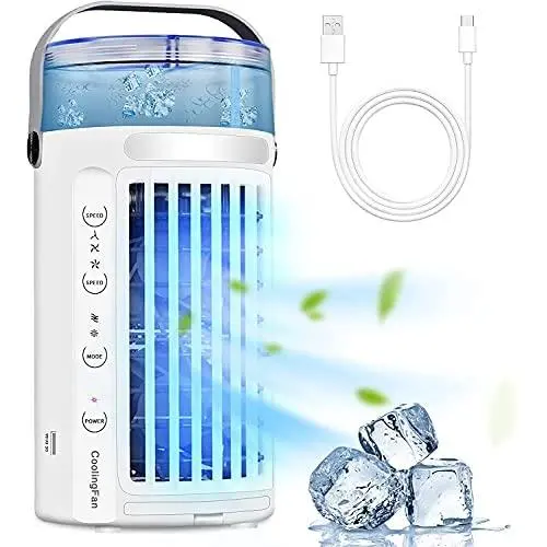 Portable Air Conditioner Fan, Personal Air Cooler, Evaporative Mini Cooler Desk Fans with 400ML Water Tank and 3 Wind Speeds, with Handle, USB Powered, with Atmosphere Light , Desktop Cooling Fan for Room, Home, Office Portable Air Conditioner Fan, Personal Air Cooler, Evaporative Mini Cooler Desk Fans with 400ML Water Tank and 3 Wind Speeds, with Handle, USB Powered, with Atmosphere Light , Desktop Cooling Fan for Room, Home, Office