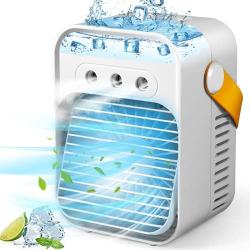 Portable Air Conditioner Fan, Personal Evaporative Air Cooler Quiet Desk Fan with Handle, Rechargeable Humidifier Misting Fan with 7 Colors Light, 3 Speeds & 3 Spray Modes for Room Office Home Travel