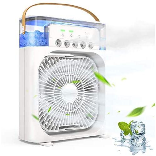 Tragbarer Luftkühler Ventilator, Leiser USB-Ventilator für Schreibtisch, Mini-Evaporative-Kühler mit 3 Geschwindigkeiten, starkem Wind, 3 Sprühmodi, 1/2/3h Timer, 60° Einstellung und 7-farbigem LED-Licht für Büro, Zuhause, Studentenwohnheim, Outdoor.