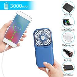 Handheld Mini Fan, Yolife Portable USB Rechargeable Cooling Fan Personal Strong Neck Fan with 3000mAh Power Bank, 180° Adjustable Angle 3 speed Fan for Office Table Travel Home Outdoor Camping (Blue)