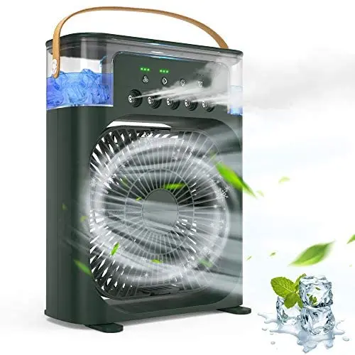 Tragbarer Luftkühler Ventilator, leiser USB-Ventilator für Schreibtisch, Mini-Evaporative-Kühler mit 3 Geschwindigkeiten, starkem Wind, 3 Sprühmodi, 1/2/3h Timer, 60° Einstellung und 7-Farben-LED-Licht für Büro, Zuhause, Studentenwohnheim, Outdoor