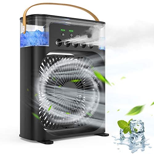 Tragbarer Luftkühler-Ventilator, Mini Leiser USB-Ventilator für Schreibtisch, Evaporativer Luftkühler mit 3 Geschwindigkeiten, Starkem Wind, 3 Sprühmodi, 1/2/3h Timer, 60° Einstellung und 7 Farben LED Licht für Büro, Zuhause, Studentenwohnheim, Outdoor