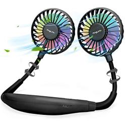 AngLink Hanging Personal Portable Neck Fan, Hands Free Rechargeable Mini USB Battery Operated Fan with 3 Speed, 360° Free Rotation, 7 Colors of LED Light for Home Office Pets Indoor Outdoor, Black