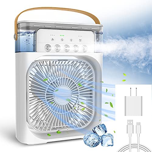 NTMY Portable Air Conditioner Fan, Mini Evaporative Air Cooler with 7 Colors LED Light, 1/2/3 H Timer, 3 Wind Speeds and 3 Spray Modes for Office, Home, Travel (White)