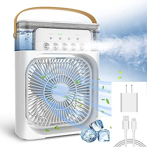 Climatiseur Portátil NTMY, Ventilateur Rafraîchissant Mini avec Lumière LED 7 Couleurs, Minuterie 1/2/3H, 3 Vitesses et 3 Modes de Pulvérisation pour Bureau, Maison, Voyage (Blanc)
