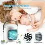 Climatiseur Portable 4 en 1 Mini Ventilateur Rafraîchissant avec 4 Plateaux Glace, Rechargeable USB, Rafraîchisseur Évaporatif Silencieux avec 7 LED et Fonctionnement sur Pile pour Usage Domestique/Bureau