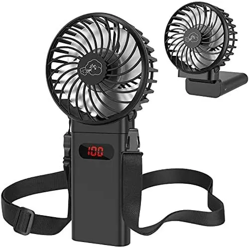 YND Handheld Mini-Ventilator 4000 mAh Tragbarer Ventilator mit LCD-Display USB-betriebener Persönlicher Ventilator mit Lanyard, 4 Geschwindigkeiten, Klappbarer Schreibtischventilator für Büro, Zuhause, Outdoor, Camping