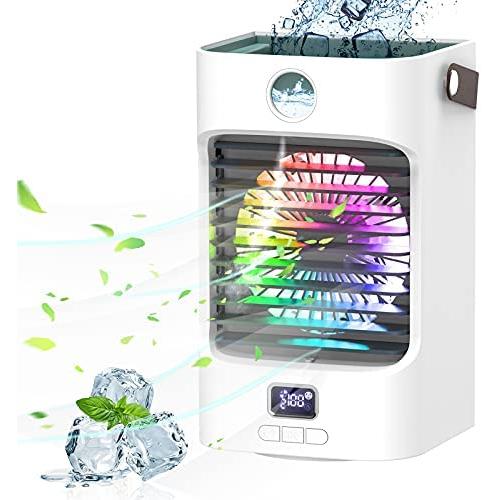 Fterwk Portable Air Conditioner Mini Personal Cooler Fan 120°Auto Oscillation Rechargeable 3 Wind Speeds 7 Colors Night Light Air Cooler Mist Humidifier with Handle for Office/Room/Dorm/Outdoor