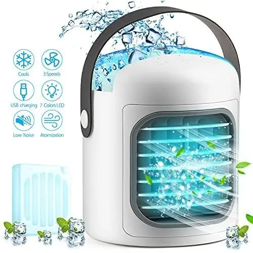 Climatiseur Portable 4 en 1 Mini Ventilateur Rafraîchissant avec 4 Plateaux Glace, Rechargeable USB, Rafraîchisseur Évaporatif Silencieux avec 7 LED et Fonctionnement sur Pile pour Usage Domestique/Bureau