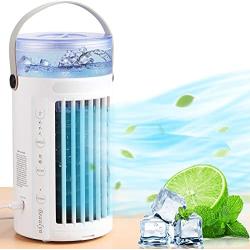 Portable Air Quiet Fan, Personal Mini Evaporative Cooler Fan with 8 Colors LED Light, 2 Fans and 3 Speeds, Small Desktop Cooling Humidifier Fan for Bedroom, Outdoor...