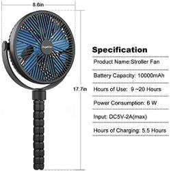 GagetElec 8” Stroller Fan Clip On for Baby Fan 10000mAh Portable Fan Rechargeable Battery Operated Fan Mini Handheld Car Seat Fan USB Small Desk Personal Fan for Stroller Accessories/Crib/Home Office