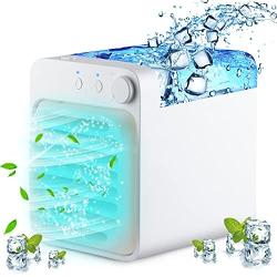 Portable Air Conditioner, Mini Personal Rechargeable Evaporative Air Cooler USB Quiet Desktop Cooler Fan with 2 Ice Crystal Box 3 Fan Speeds, Blue LED Night Light Function for Home, Office and Room