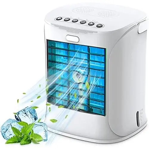 Climatiseur Portable, Nanssigy Mini Ventilateur Rafraîchissant Oscillateur, Purificateur d'Air à Brume Évaporative, Circulateur d'Air, Idéal pour Chambre, Bureau, Petite Pièce (Blanc)