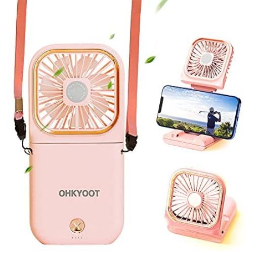 OHKYOOT Portable Personal Fan with Power Bank, Multi-function Mini Fan (Phone Holder,Power Bank,Desk Fan, Neck Fan) ,USB Rechargeable Cooling Fan, for Travel,Indoors,Outdoors (Pink)