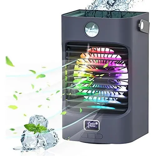 Tragbarer Luftkühler Mini Persönlicher Cooler Ventilator mit 120° Automatischer Oscillation, Wiederaufladbar, 3 Windstärken, 7 Farben Nachtlicht Luftkühler Nebel Luftbefeuchter mit Griff für Büro/Raum/Dorm/Outdoor