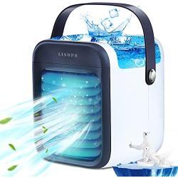 Portable Air Conditioner Fan | LISOPO Rechargeable Evaporative Air Cooler with Humidifier & Filtration Function & 7 Color Night Light | Personal Small Air Conditioner Desk Fan for Home Office Bedroom