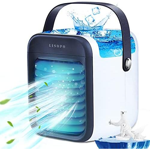 Portable Air Conditioner Fan | LISOPO Rechargeable Evaporative Air Cooler with Humidifier & Filtration Function & 7 Color Night Light | Personal Small Air Conditioner Desk Fan for Home Office Bedroom