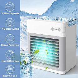 Portable Air Conditioner, Personal Air Cooler Fan, 2000 mAh Power Rechargeable Mini Air Conditioner, Evaporative Compac Air Cooler Fan, 3 Speeds 7 Colors Night Light for Home, Office and Room White