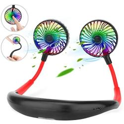 Anglink Hands Free Neck Fan, USB Rechargeable Portable Fan, 3 Speeds Mini Wearable Fan, Personal Fan with Colorful LED Lights for Traveling Camping Office, Black Red