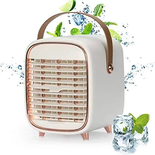 Climatiseur Portable, Petit Ventilateur de Bureau Alimenté par Batterie avec Poignée, Rafraîchisseur Personnel Sans Fil avec 3 Vitesse pour Petite Pièce Bureau Domicile et Extérieur (Blanc)