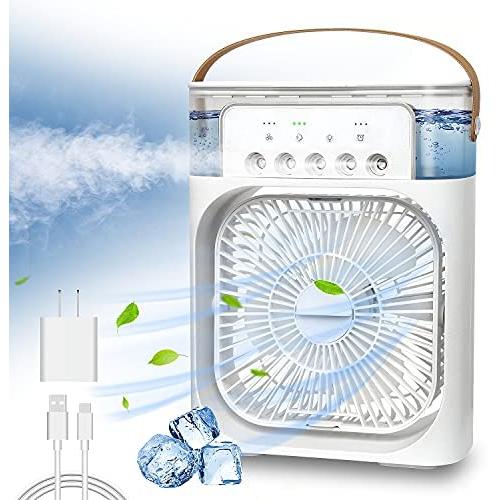 NTMY Portable Air Conditioner Fan, Mini Evaporative Air Cooler with 7 Colors LED Light, 1/2/3 H Timer, 3 Wind Speeds and 3 Spray Modes for Office, Home, Dorm, Travel(White)