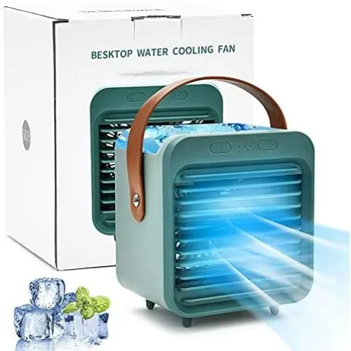 Climatiseur Portable Rechargeable, Ventilateur Évaporatif Mini Climatiseur avec Humidificateur et Jet d'Eau 3 en 1, Poignée en Cuir, 3 Vitesse Ajustables, Idéal pour Bureau, Maison, Camping et Activités de Plein Air.