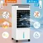 Tragbarer Verdunstungskühler, 65W Klimaanlage mit 3 Modi, 3 Lüfterstufen, LED-Display, Fernbedienung, 7h Timer, 5L Wasserbehälter und Eiswürfel-Funktion