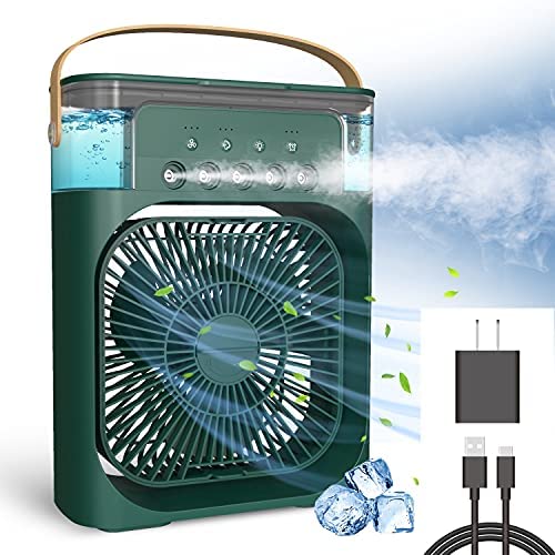 NTMY Portable Air Conditioner Fan, Mini Evaporative Air Cooler with 7 Colors LED Light, 1/2/3 H Timer, 3 Wind Speeds and 3 Spray Modes for Office, Home, Travel (Green)