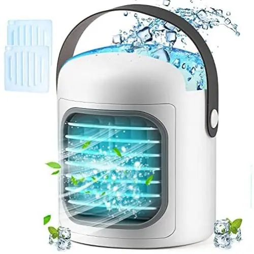 Climatiseur Portable, Rafraîchisseur d'Air Personnel, 3 en 1 Évaporatif avec 3 Vitesses, Bols de Glace, Batterie 2500 mAh Climatiseur Portable, Rafraîchisseur d'Air Personnel, 3 en 1 Évaporatif avec 3 Vitesses, Bols de Glace, Batterie 2500 mAh