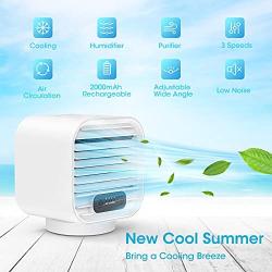 Viopic Personal Air Conditioner, 4 in1 Rechargeable 2000mAh Portable Air Conditioner Air Cooler & Humidifier & Purifier, 100% Leakproof Design Evaporative Cooler Fan with 3 Speeds for Home and Office-with Water tank