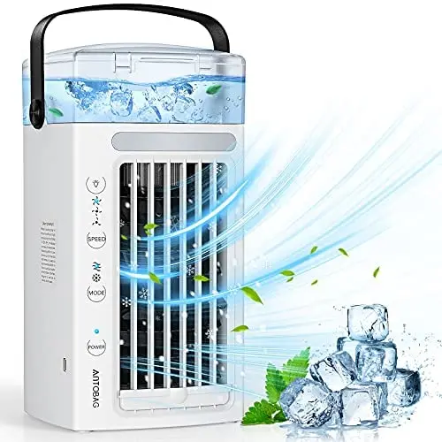 Climatiseur Portable, Mini Ventilateur Rafraîchissant Évaporatif avec 3 Vitesse, Lumières LED, Ventilateur de Bureau Silencieux, Brosse d'Arrosage Humidificateur Rafraîchissant pour Pièce Maison Bureau