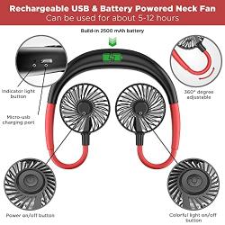 USB Personal Sport Neck Fan Portable, Duoai 2500mAh Battery Operated Small Hanging Rechargeable Foldable Mini Neckband Fans with Dual Head 3 Speed LED Light for Women kids office Travel Outdoor, Red