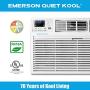 Emerson Quiet Kool 230V 12,000 Wall Air Conditioner with 10,600 BTU Supplemental Heating, EATE12RD2T, 12000 Standard, White