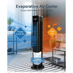 Sunday Living Evaporative Air Cooler, 2-in-1 Tower Fan w/Cooling & Humidification, 1.3 Gal Water Tank, 3 Wind Modes & 3 Speeds, Cooling Fan, Remote & Panel Control, 12-H Timer, 4 Ice Boxes (Black)