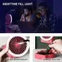 Kleiner Schreibtisch-Ventilator mit Lichtfunktion, USB-Aufladung, 3 Geschwindigkeiten, 2 Helligkeitsstufen, faltbar, tragbar, Mini-Ventilator, leise Betriebsweise, lange Lebensdauer für Home Office Auto Outdoor Reise (Rot)